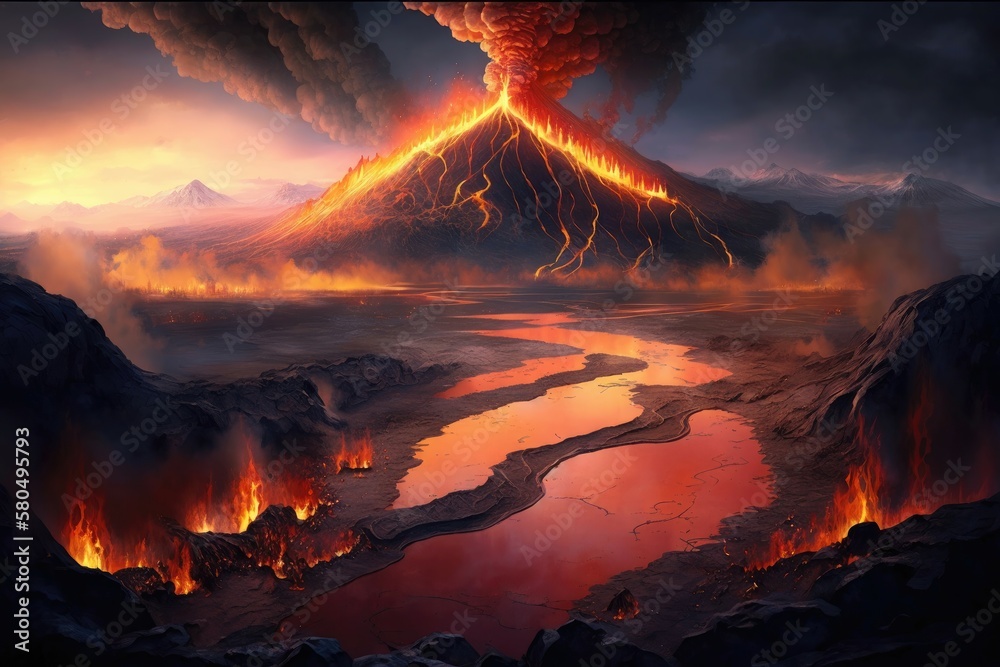 The land of fire and brimstone. A region of active volcanoes and boiling hot springs where flames dance across the landscape. Generative AI