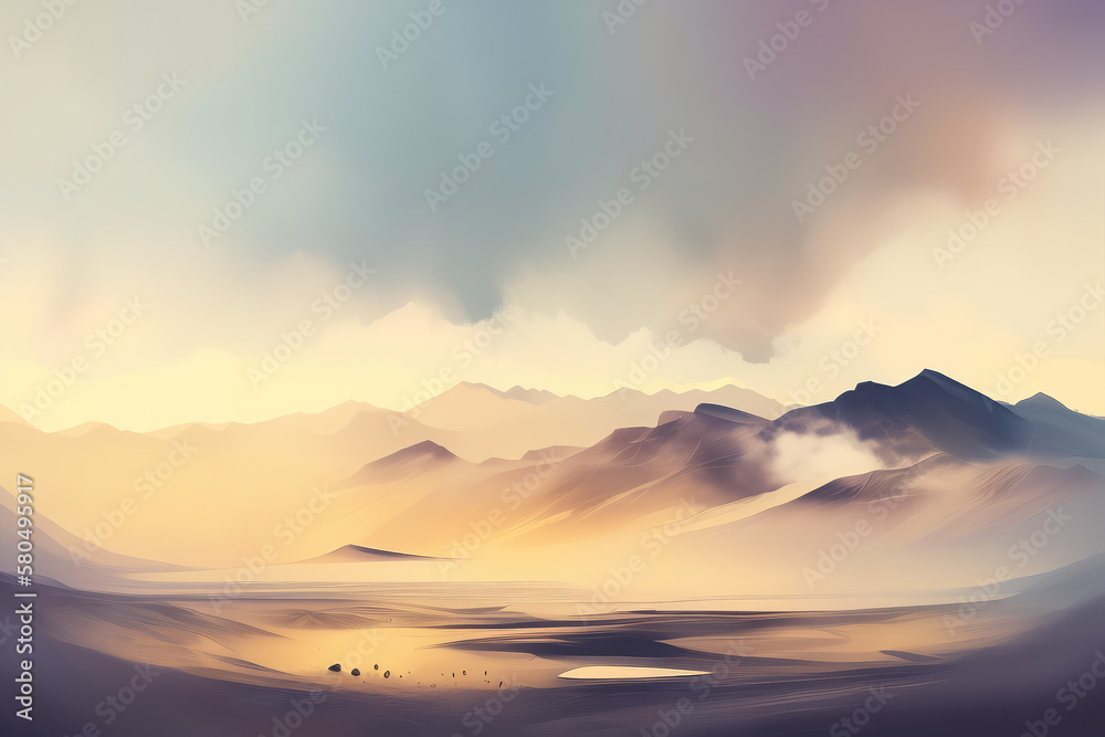 Soft and dreamy abstract landscape with gentle brushstrokes and hazy shapes in muted colors, evoking a sense of serenity and calmness, generative ai