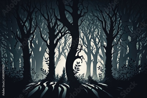 The shadow forest. A dense forest shrouded in perpetual darkness with eerie shadows lurking behind every tree. Generative AI