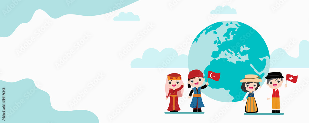 kid national from all around world standing on globe, representatives waving isolated vector illustration. kid national from all around world standing on globe, representatives waving isolated vector illustration.