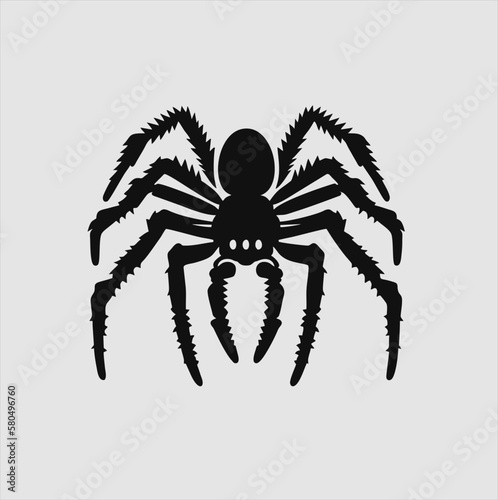 Black insect spider silhouette, isolated gray background. Scary spider icon, scary dangerous insect, arachnophobia fear. Vector illustration