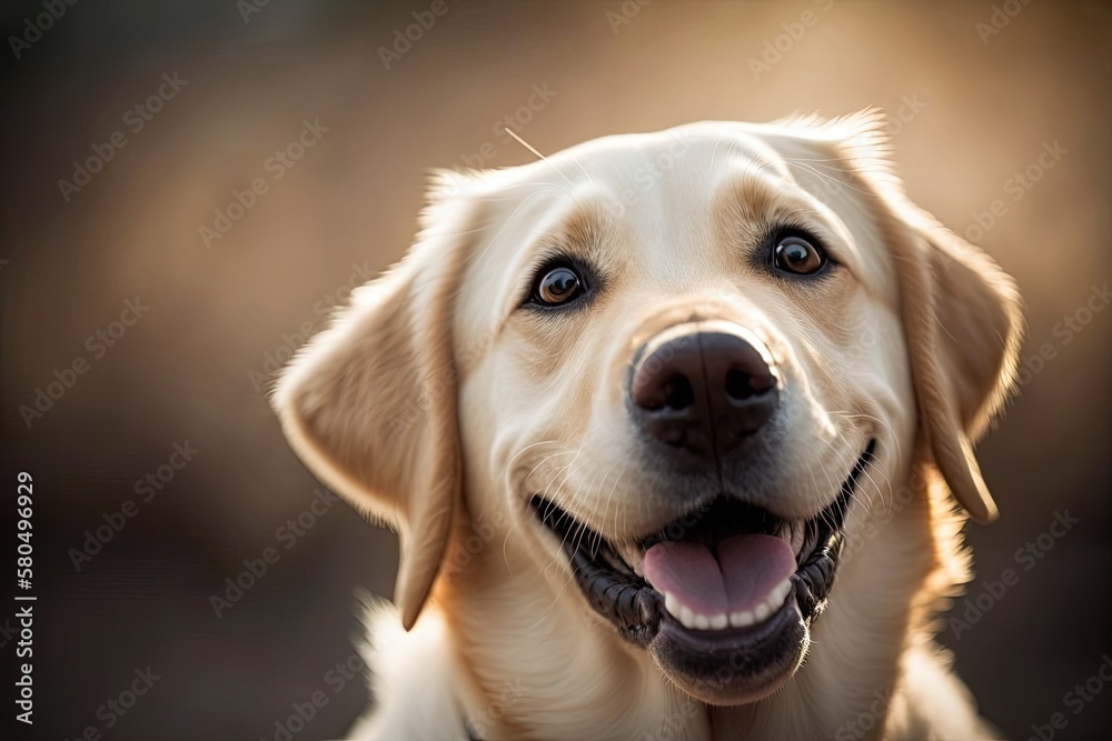 Close up of a funny young Labrador Retriever that looks happy. Smiling Dog. Generative AI