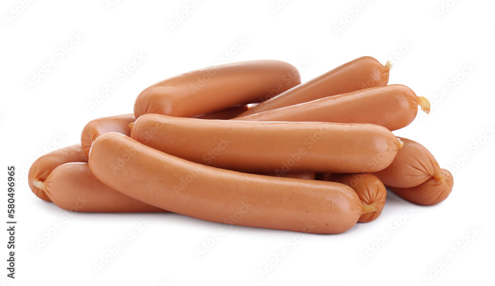 Many fresh raw sausages isolated on white. Meat product Many fresh raw sausages isolated on white. Meat product