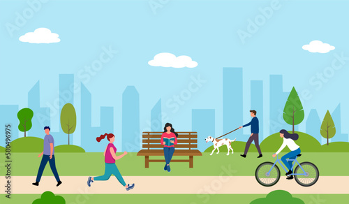 People activities in city public park in flat design.