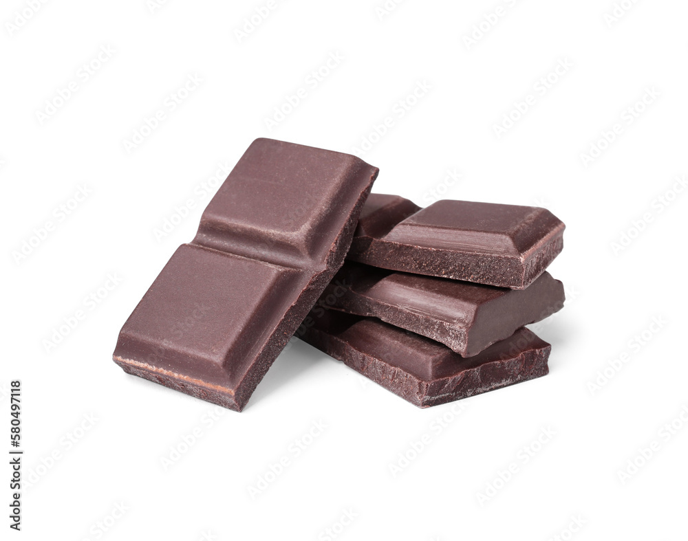 Pieces of delicious dark chocolate bar on white background Pieces of delicious dark chocolate bar on white background
