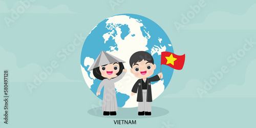 ntional children vietnam of different races and colors holding hands and standing on the globe, the planet. vector illustration