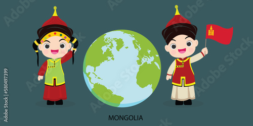 ntional children Mongolia of different races and colors holding hands and standing on the globe, the planet. vector illustration photo