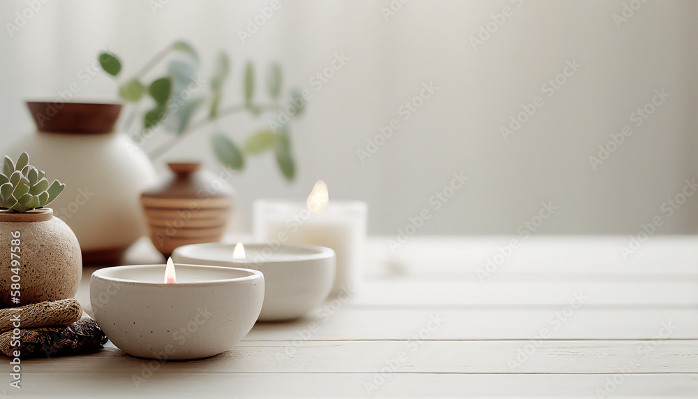Empty natural wood tabletop spa with over blurred white wall background. Generative AI. Empty natural wood tabletop spa with over blurred white wall background. Generative AI.