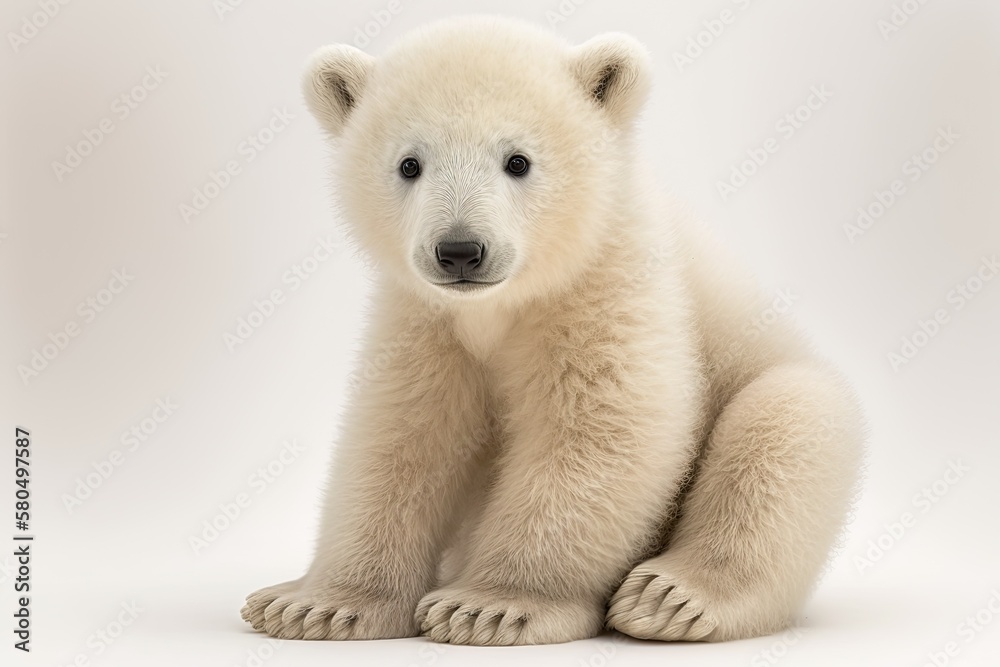 Three month old polar bear cub, Ursus maritimus, sitting on white background. Generative AI Three month old polar bear cub, Ursus maritimus, sitting on white background. Generative AI