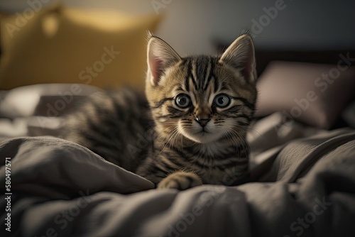 Portrait of a cute little small animal pet domestic young kitten cat playing with fun on the bed at home  cute striped tabby baby paw mammal fluffy feline kitty looking camera with curious eye
