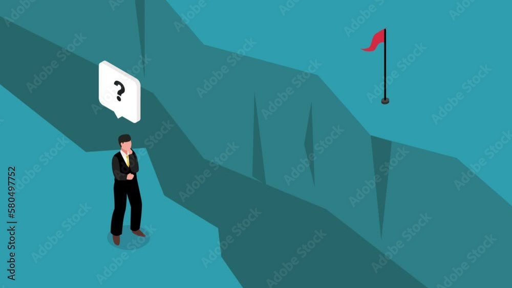 Businessman standing on cliff are thinking of way to cross the gap to the flag of success Businessman standing on cliff are thinking of way to cross the gap to the flag of success