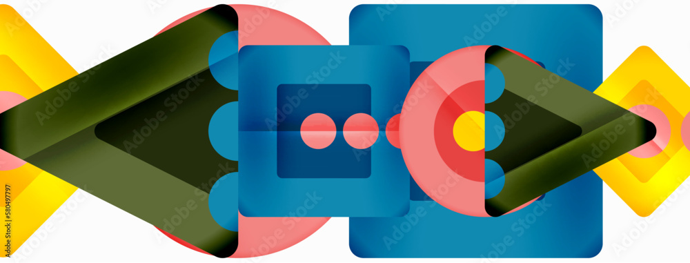 Fototapeta premium Trendy minimal geometric abstract background. Triangles, squares and circles bright colors backdrop. Vector Illustration For Wallpaper, Banner, Background, Card, Book Illustration, landing page
