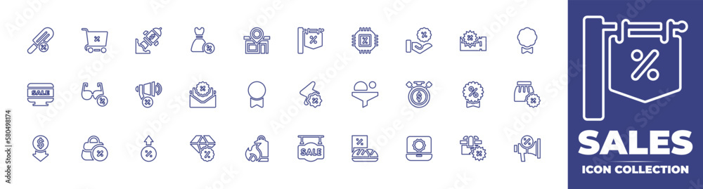 Sales line icon collection. Editable stroke. Vector illustration. Containing popsicle, shopping cart, rocket, dress, store, sale, cpu, coupon, label, online, sunglasses, promotion, email, and more.