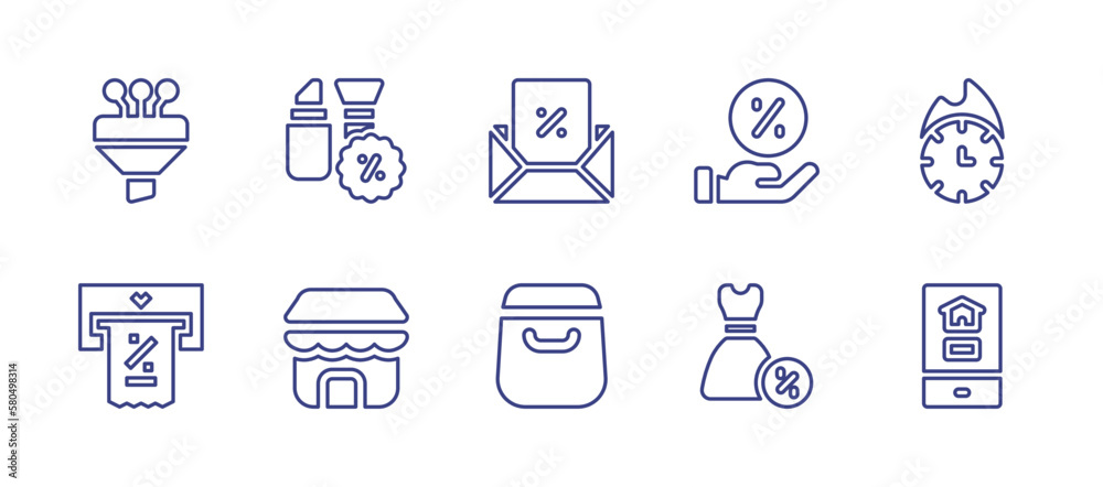 Sales line icon set. Editable stroke. Vector illustration. Containing funnel, cosmetics, email marketing, discount, hot sale, invoice, store, shopping bag, dress, real estate.