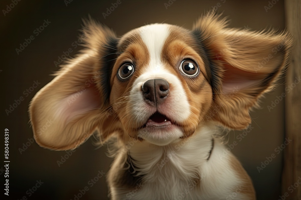 A picture of a cute dog with ears that hang down and a tongue that sticks out. The feeling of surprise that a Phalen puppy has. A duplicate of the area. Close up. Front view. Vertical position. Select A picture of a cute dog with ears that hang down and a tongue that sticks out. The feeling of surprise that a Phalen puppy has. A duplicate of the area. Close up. Front view. Vertical position. Select