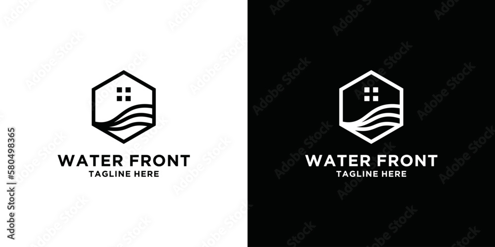 property logo design with hexagon basic shape design template with ocean waves and windows property logo design with hexagon basic shape design template with ocean waves and windows
