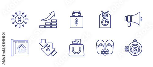 Sales line icon set. Editable stroke. Vector illustration. Containing summer sale, increase, shopping bag, hot sale, promotion, for sale, sale, flip flops, flash sale.