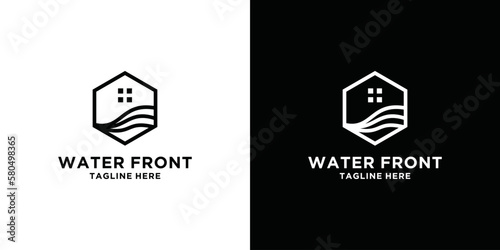 property logo design with hexagon basic shape design template with ocean waves and windows