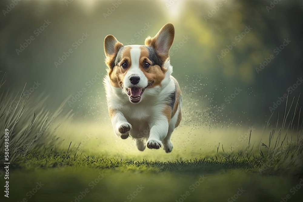 Running dog on grass. Generative AI