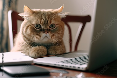 Cute cat in close up sitting at desk with laptop. Online work and schooling. Generative AI