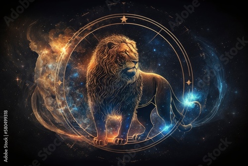 zodiac sign leo lion, magic circle galaxy universe stars astronomy astrology, fantasy dream elements, generative ai