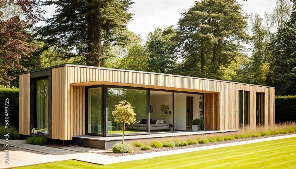 Fototapeta premium Modern house exterior with garden and trees. Generative AI