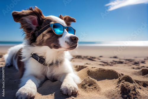 Funny puppy dog border collie in sunglasses on the beach at sunny day. Generative AI © LAYHONG