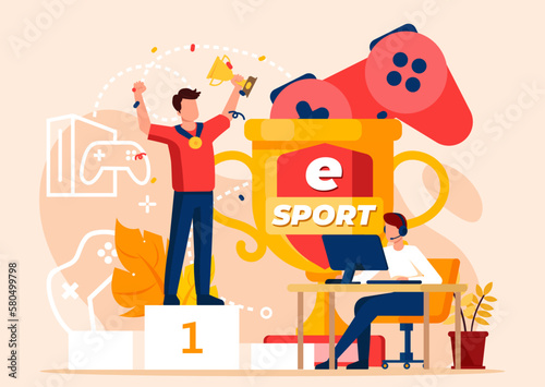 e-sport and competitive gaming championship illustration concept, professional online gaming competition flat illustration