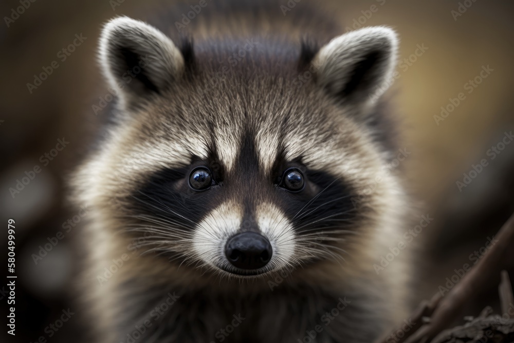 Head shot of a young raccoon looking at the camera, on its own. Generative AI