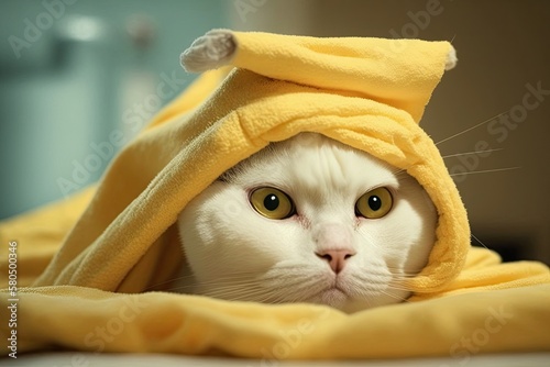 A funny picture of a white cat with a yellow towel on its head. Generative AI