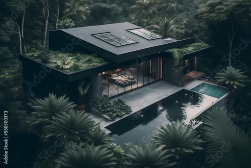 Beautiful modern house with big roofs and pool in middle of jungle, Generative AI © Anupam