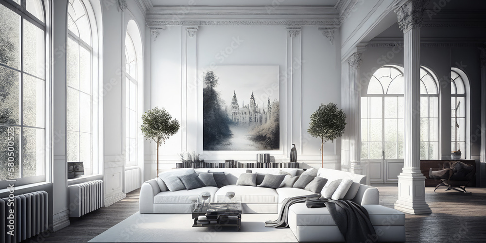 Inside a luxurious White living room. White room with a high ceiling ...