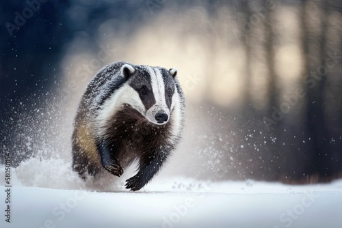 Badger in a pretty winter scene. Running European badger (Meles meles) on snow. Animal in nature habitat. Generative AI