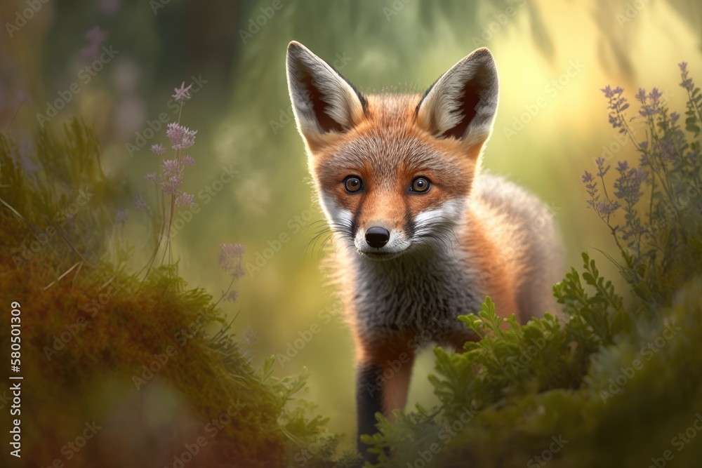 Red fox cub, vulpes vulpes, in the forest. Cute little wild animals that hunt in the wild. Scene from nature with animals. Generative AI Red fox cub, vulpes vulpes, in the forest. Cute little wild animals that hunt in the wild. Scene from nature with animals. Generative AI