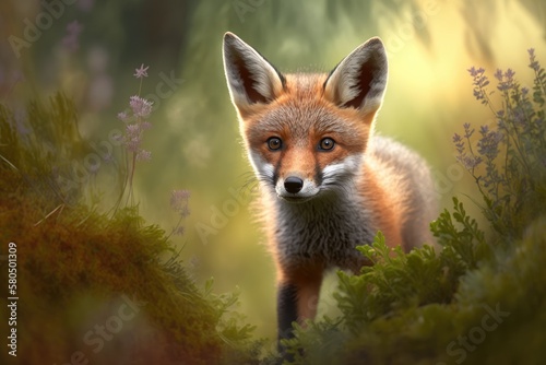 Red fox cub, vulpes vulpes, in the forest. Cute little wild animals that hunt in the wild. Scene from nature with animals. Generative AI © AkuAku