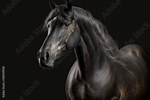On a black background  a beautiful black horse is posing for a picture. Generative AI