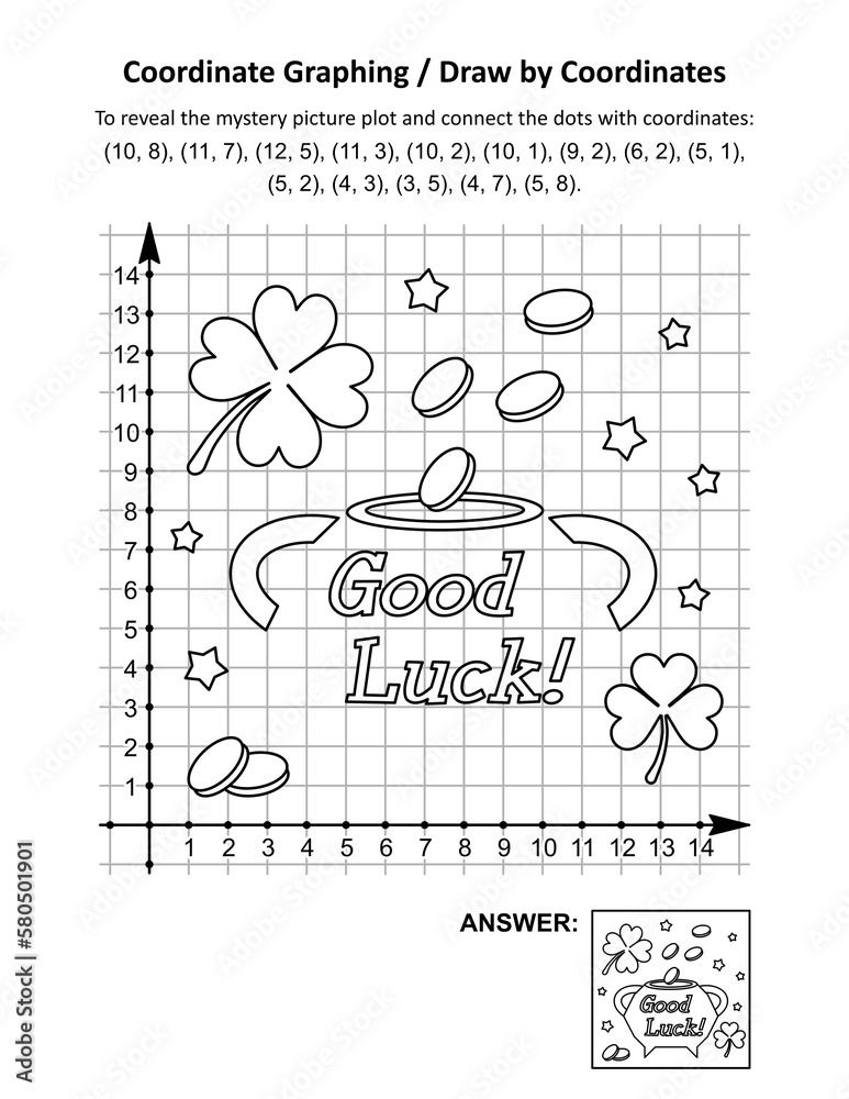 Obraz premium Coordinate graphing, or draw by coordinates, math worksheet with St Patrick's Day mystery picture of pot-of-gold. Answer included. 