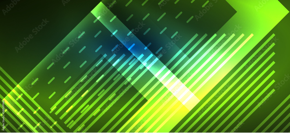 Background neon glowing lines and geometric shapes. Lights in the dark wallpaper for concept of AI technology, blockchain, digital, communication, 5G, science Background neon glowing lines and geometric shapes. Lights in the dark wallpaper for concept of AI technology, blockchain, digital, communication, 5G, science