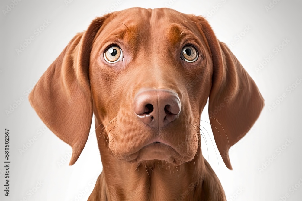 Cute hungarian vizsla dog front view studio portrait. Headshot of a dog looking at the camera, with a white background. Generative AI