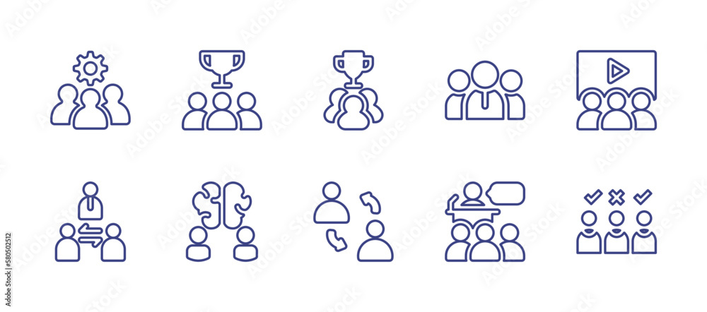 Teamwork line icon set. Editable stroke. Vector illustration. Containing employee, trophy, winners, teamwork, video, intermediary, brainstorm, interaction, speech.