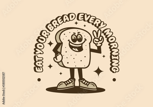 Mascot character of a standing white bread with hands forming a peace symbol