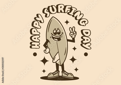 Mascot character of a standing surfboard with hands forming a peace symbol