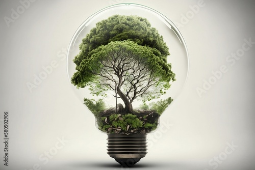 Concepts of environmental conservation and global warming. Forest in the light bulb.