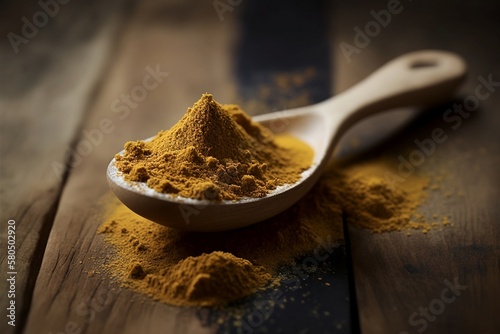 Close up image spoon with aromatic mustard powder on wooden table.