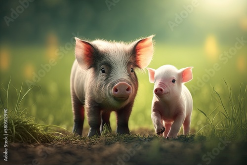 On the green grass, a young pig is walking. The piglet was happy in the meadow. Generative AI