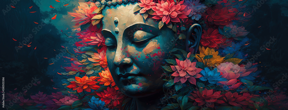 Stunning Buddha Painting Surrounded by Flowers. AI-Generated
