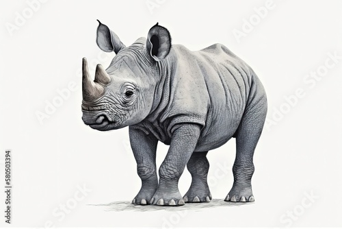 Cute baby rhino, rhinoceros, on a white background. Animals from Africa. Safari. Illustration. Template. Hand drawn. Design for a greeting card. Cut outs. Generative AI