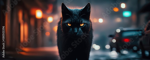 beautiful shot of a black cat in cyberpunk city street. AI-Generated