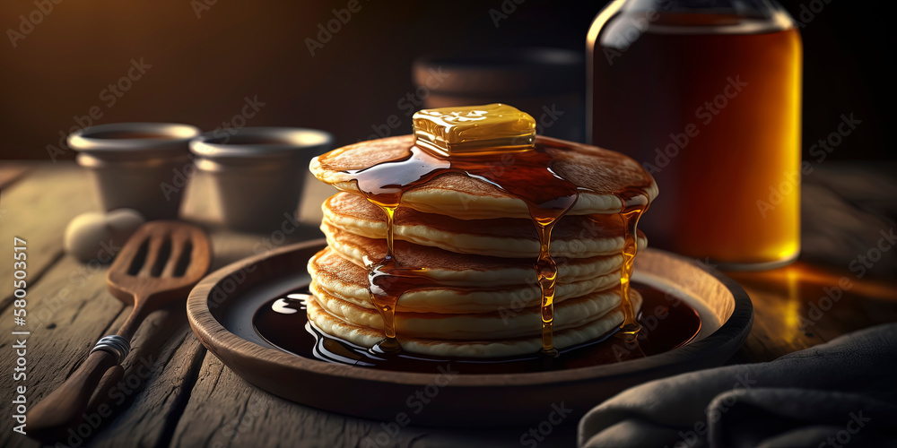 custom made wallpaper toronto digitalButtery pancakes drenched in syrup, captured in delicious detail. AI-Generated