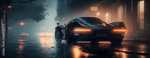 A luxury car of the future, its shiny metal surfaces slick with rain, amidst a dystopian cyberpunk city. AI-Generated